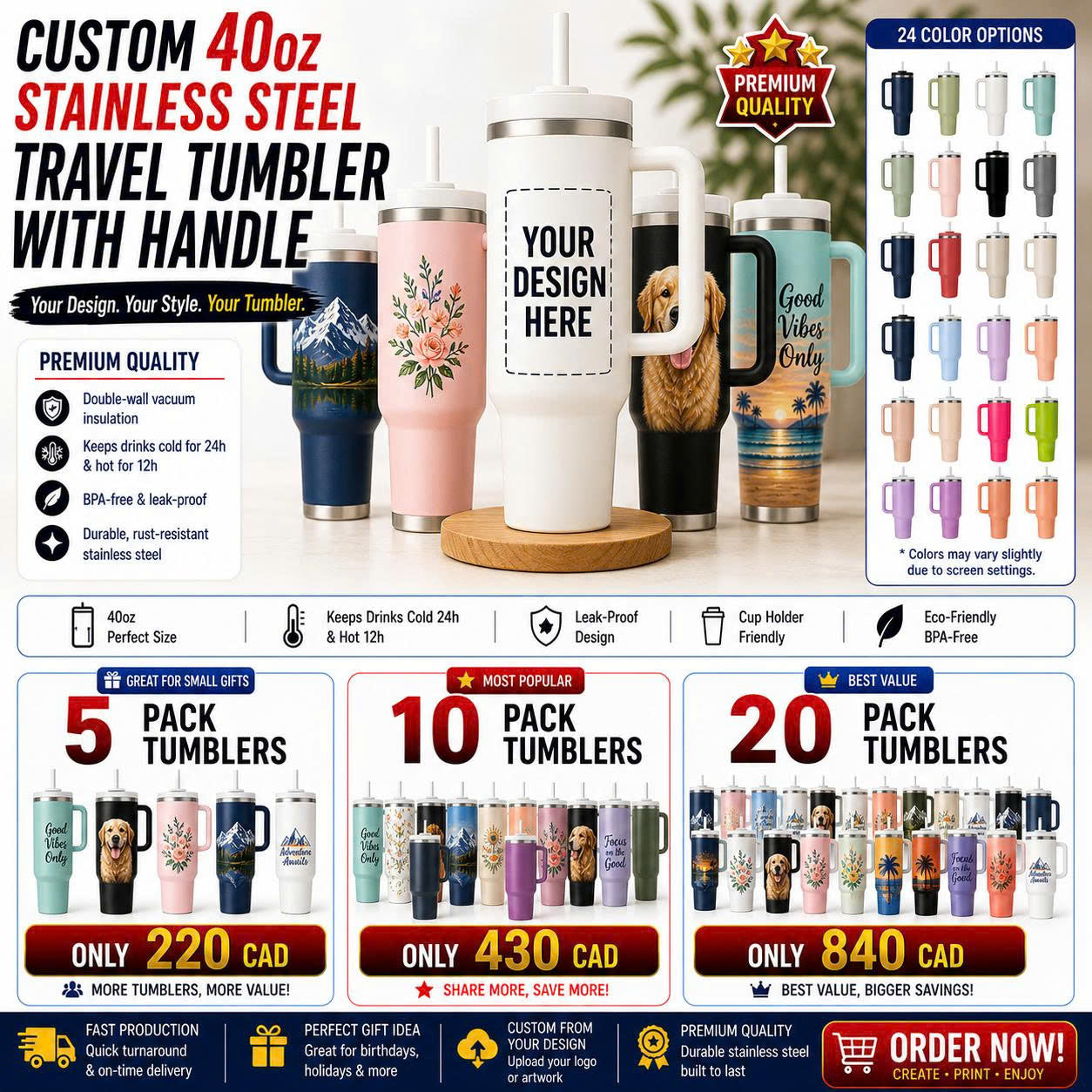 CUSTOM 40oz STAINLESS STEEL TRAVEL TUMBLER WITH HANDLE