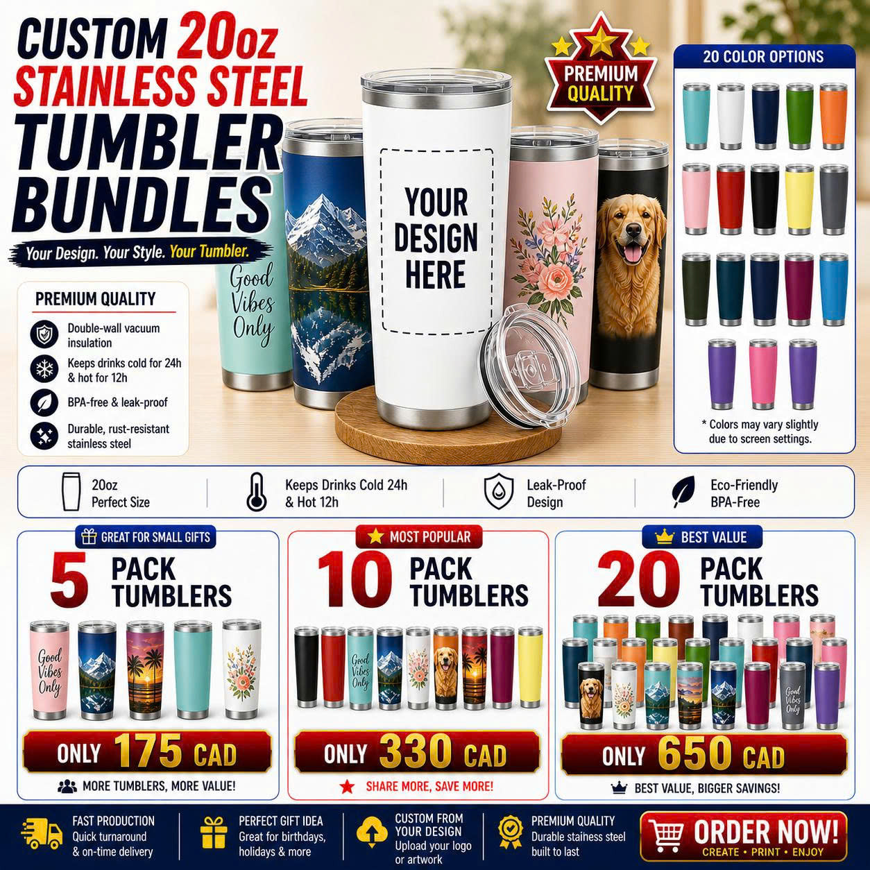 CUSTOM 20oz STAINLESS STEEL TUMBLER BUNDLES