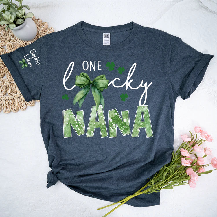 One Lucky Nana Shirt for St Patrick’s Day, Personalized Grandma Shamrock Clover T Shirt with Kids Names - Unisex T-shirt