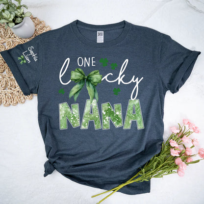 One Lucky Nana Shirt for St Patrick’s Day, Personalized Grandma Shamrock Clover T Shirt with Kids Names - Unisex T-shirt