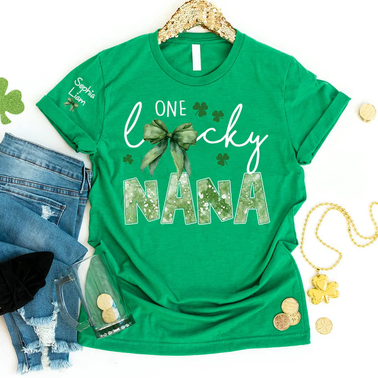 One Lucky Nana Shirt for St Patrick’s Day, Personalized Grandma Shamrock Clover T Shirt with Kids Names - Unisex T-shirt