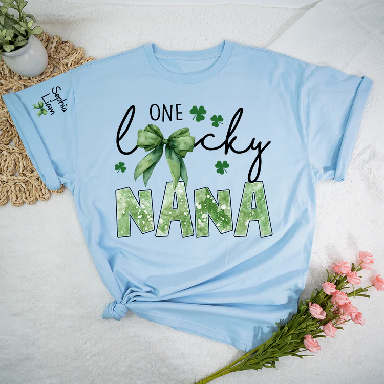 One Lucky Nana Shirt for St Patrick’s Day, Personalized Grandma Shamrock Clover T Shirt with Kids Names - Unisex T-shirt