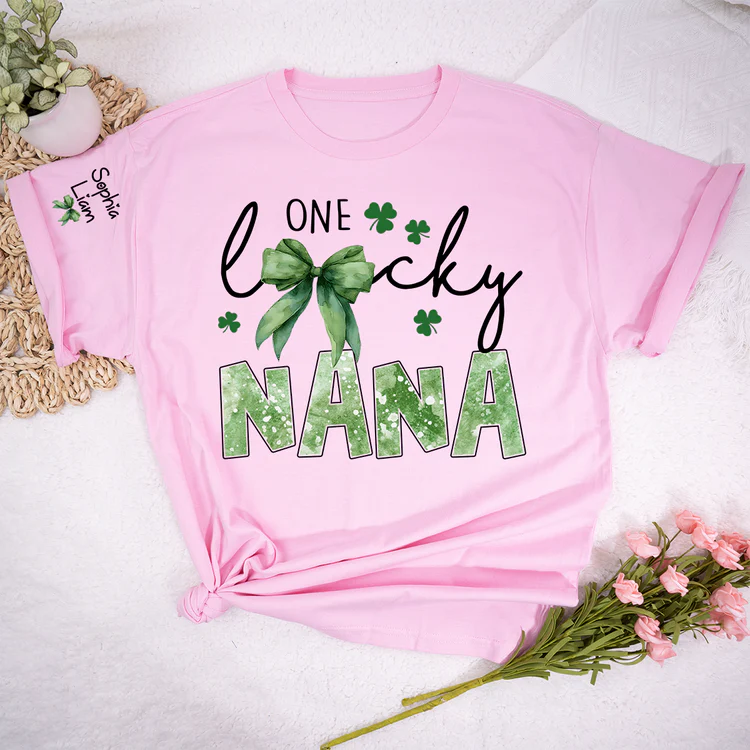 One Lucky Nana Shirt for St Patrick’s Day, Personalized Grandma Shamrock Clover T Shirt with Kids Names - Unisex T-shirt