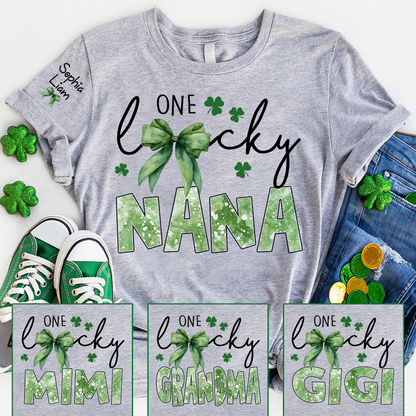 One Lucky Nana Shirt for St Patrick’s Day, Personalized Grandma Shamrock Clover T Shirt with Kids Names - Unisex T-shirt